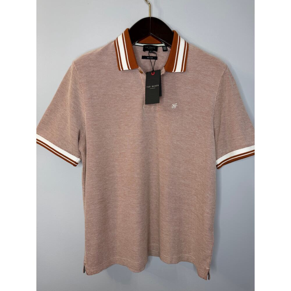Ted Baker Phenes Textured Cotton Polo Shirt Stripe Trim Brown Men 4 US XXL - Picture 3 of 13
